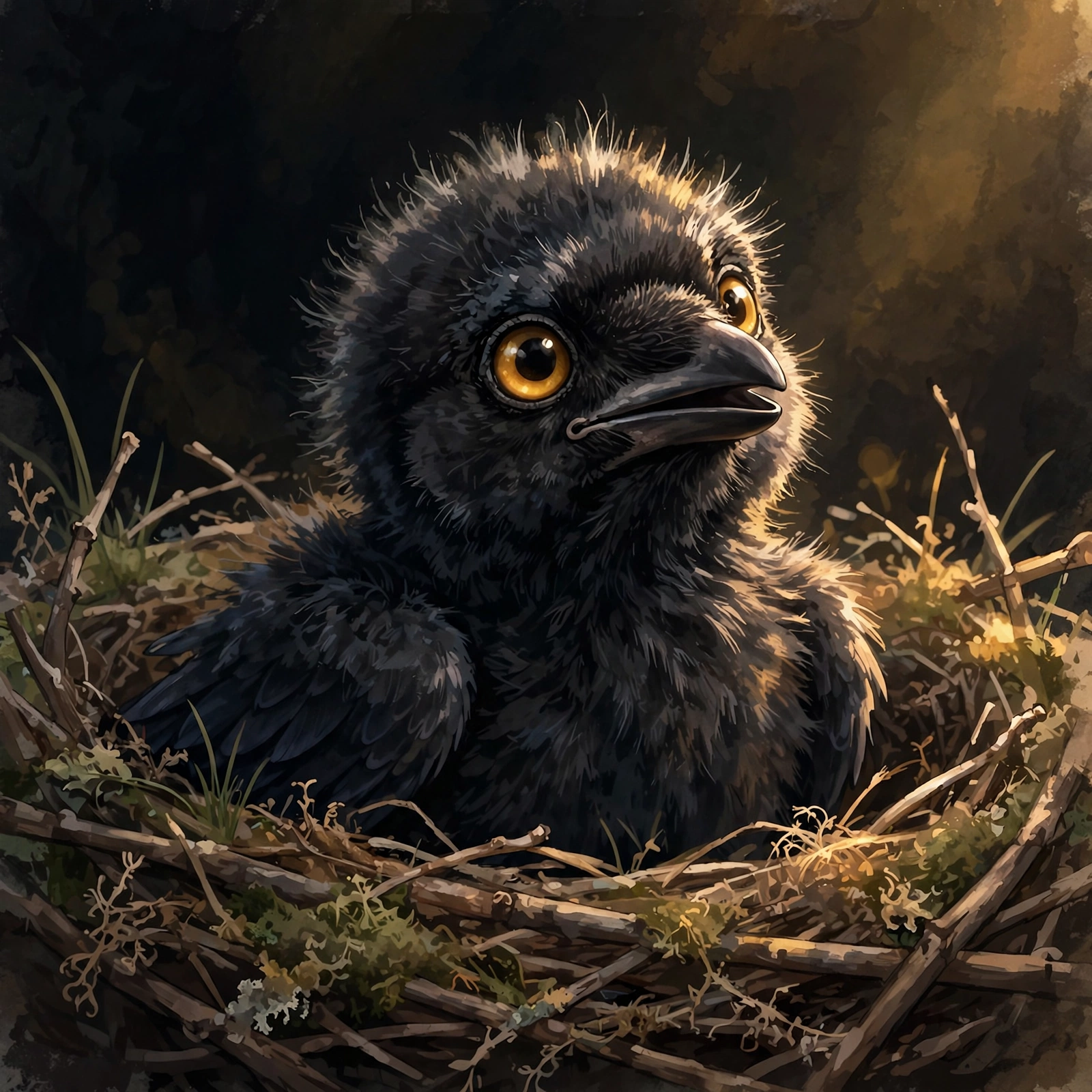 A baby raven chick with bright curious eyes, sitting in a nest