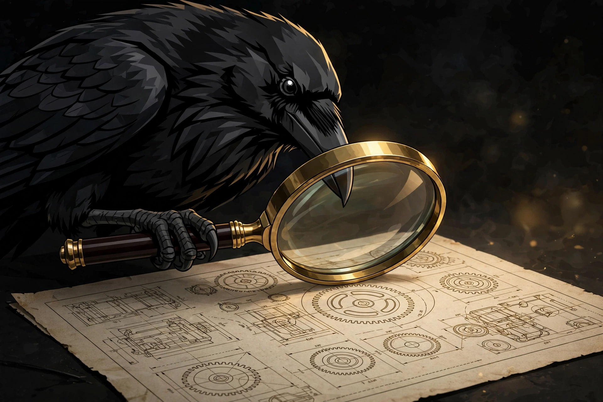 Muninn the raven examining a scanned document with a magnifying glass