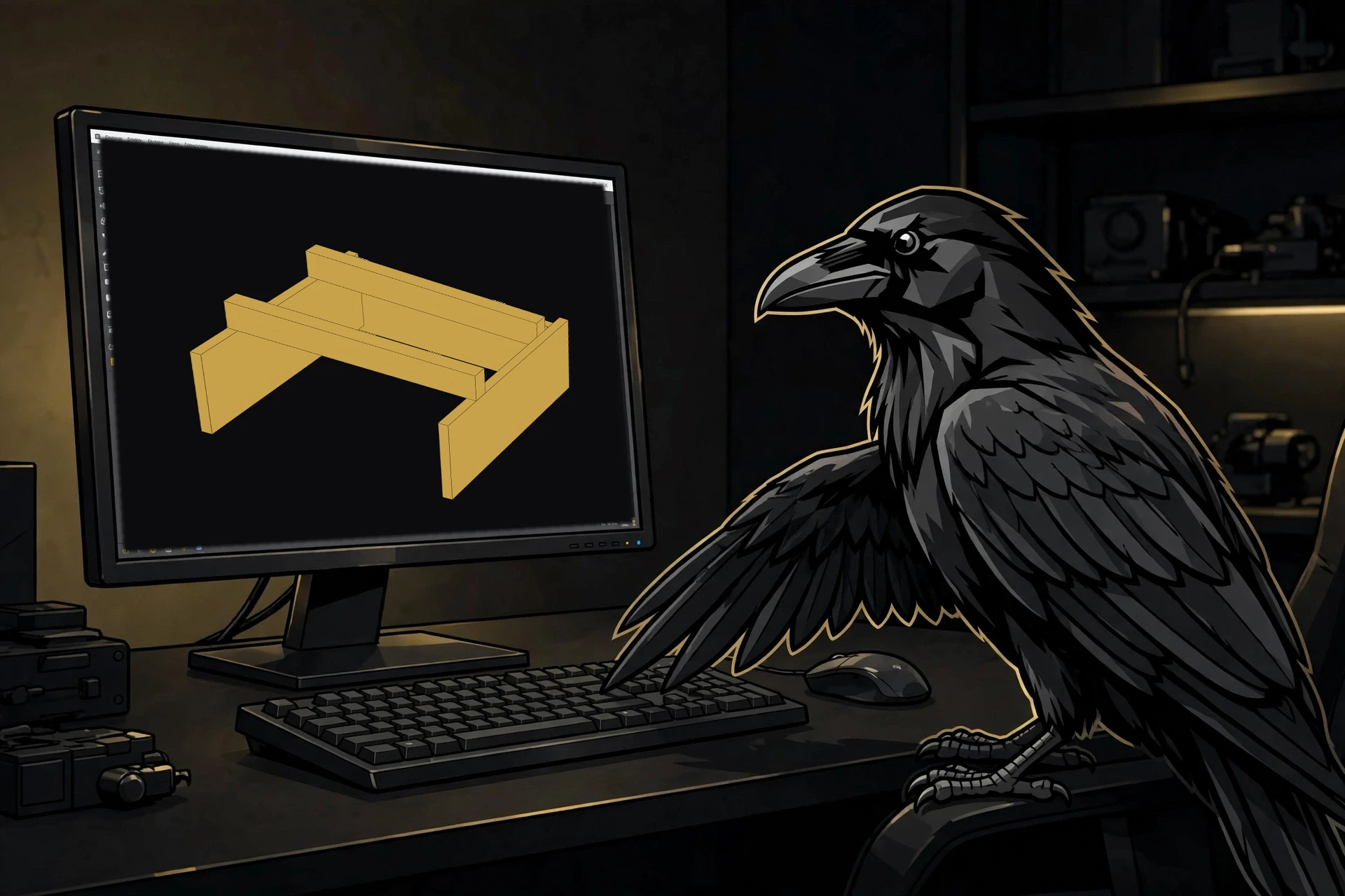 Muninn the raven working at a CAD workstation