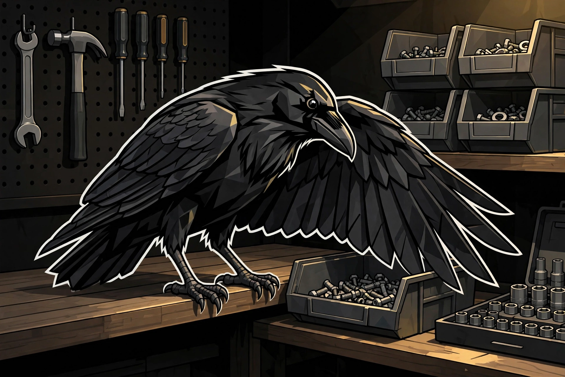 Muninn the raven taking inventory of a workshop shelf