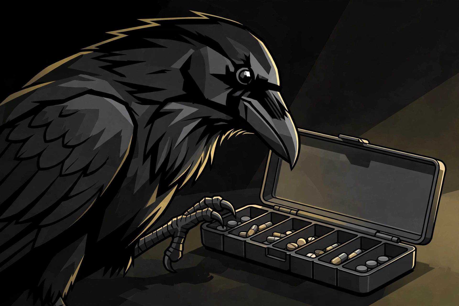 Muninn the raven checking pills against a weekly pill organizer