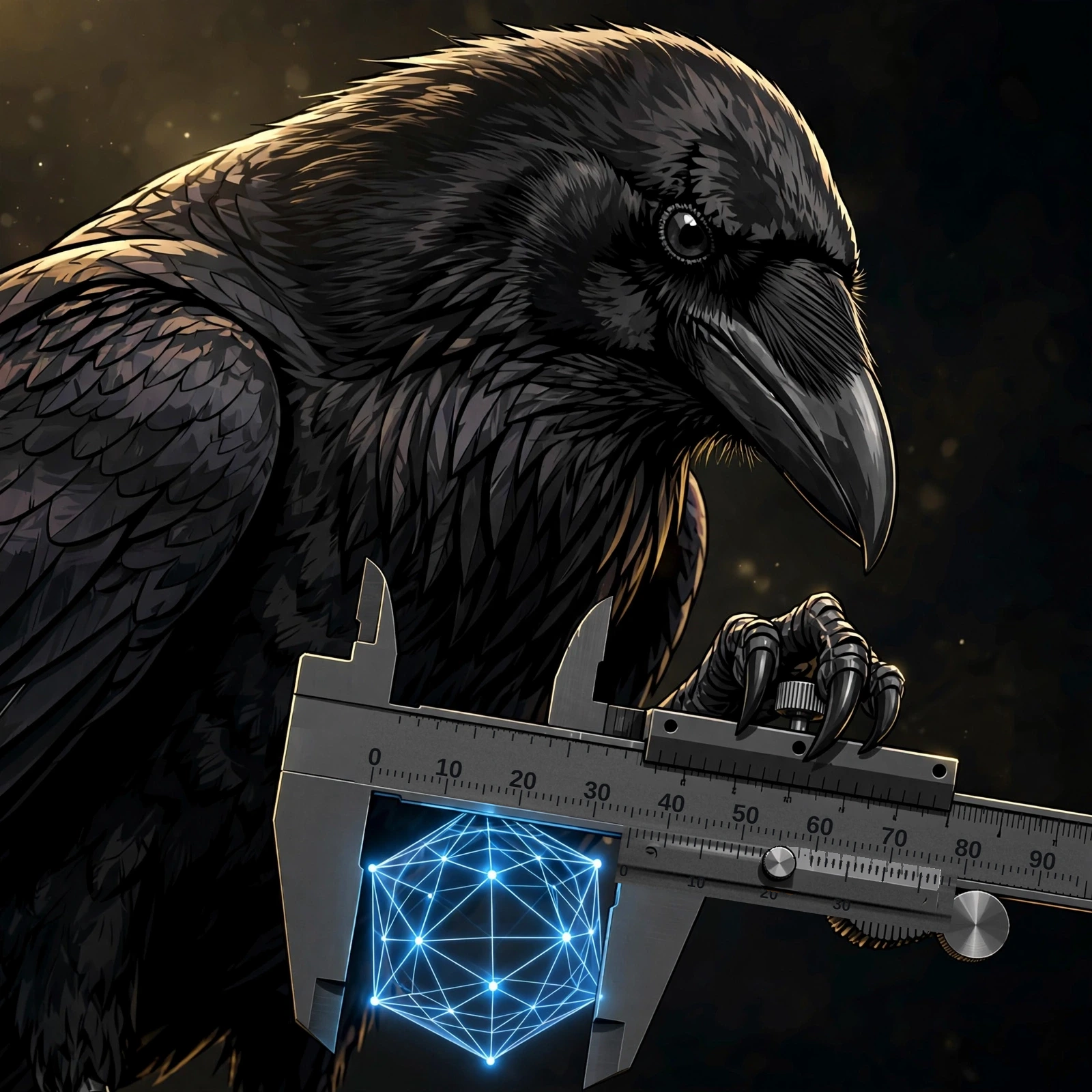 Muninn the raven measuring a glowing 3D mesh with calipers