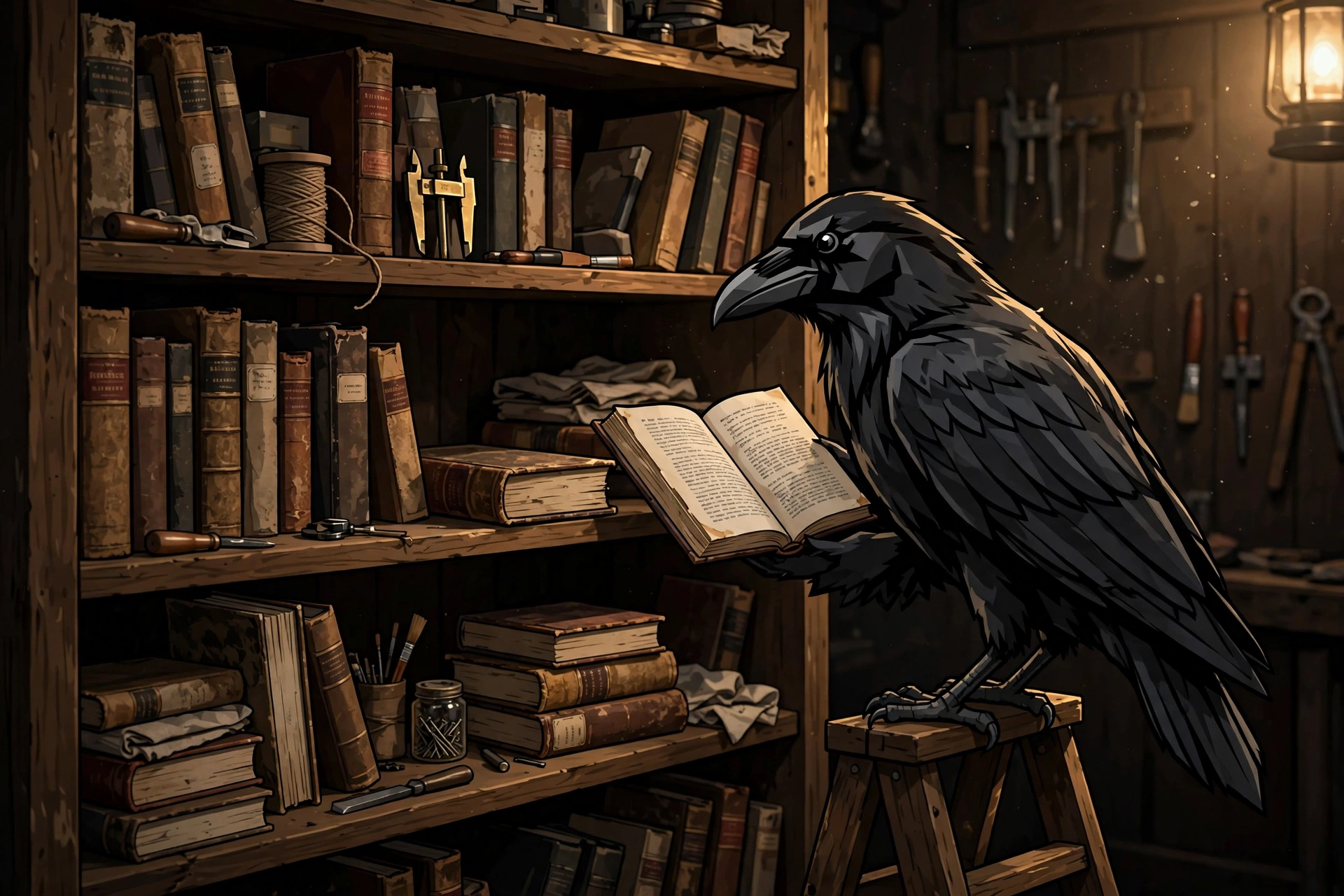 Muninn the raven shelving reference books in a workshop library